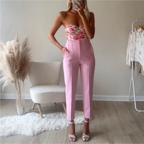 NWT ZARA HIGH-WAISTED PANTS in BUBBLE GUM - Picture 6 of 9